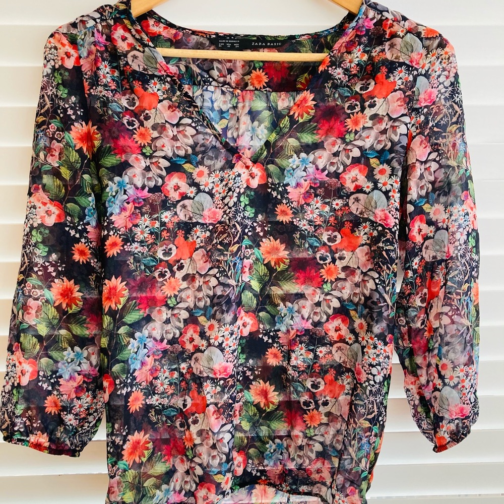 Zara Floral 3/4 Sleeve Sheer Top